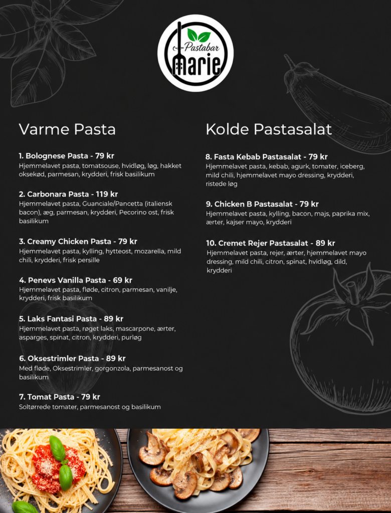 - Pastabar Marie - Pastabar Marie – Moderne pastamenu - Menukort